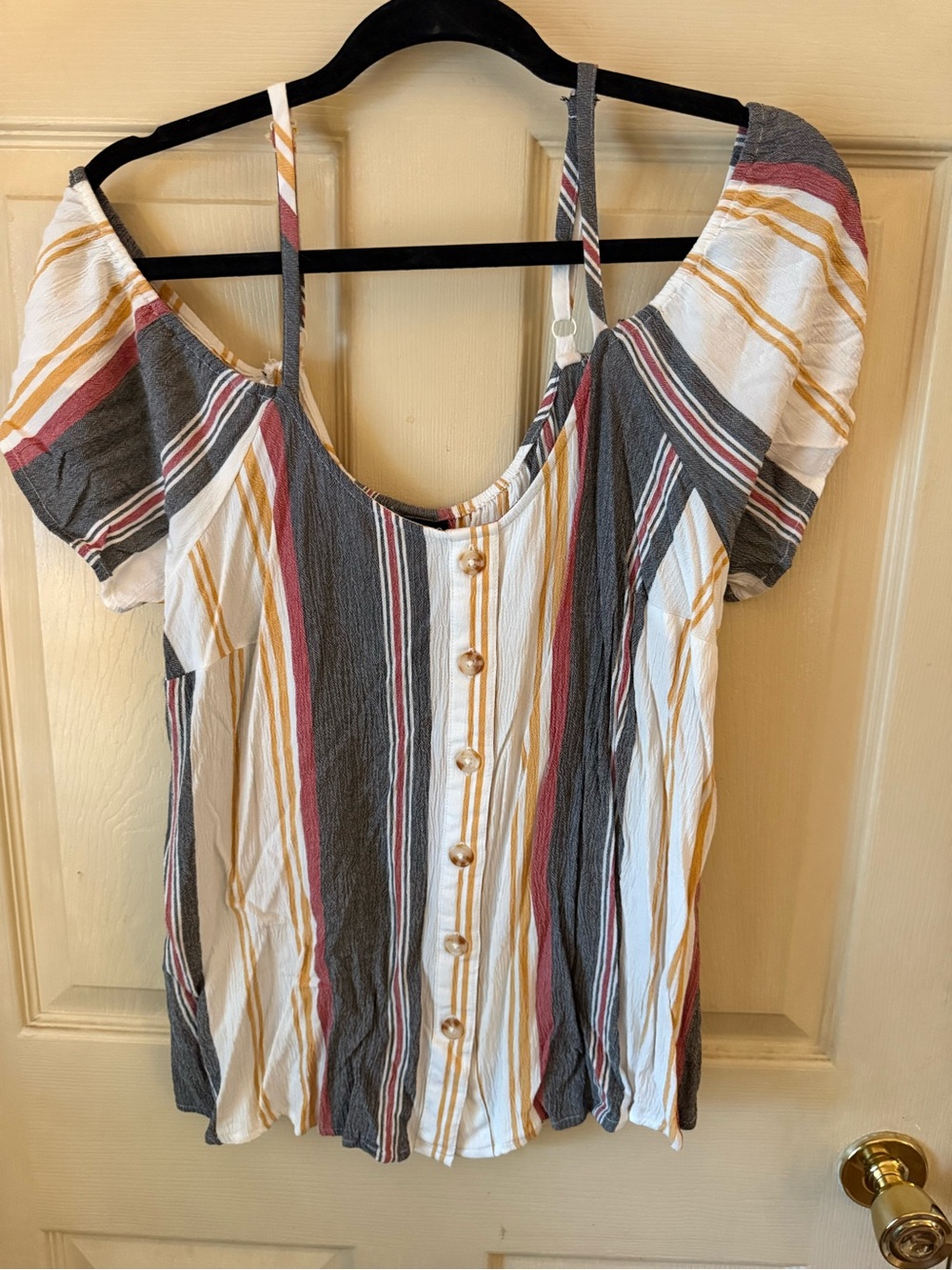 Torrid Striped Button-Front Blouse with cold shoulder